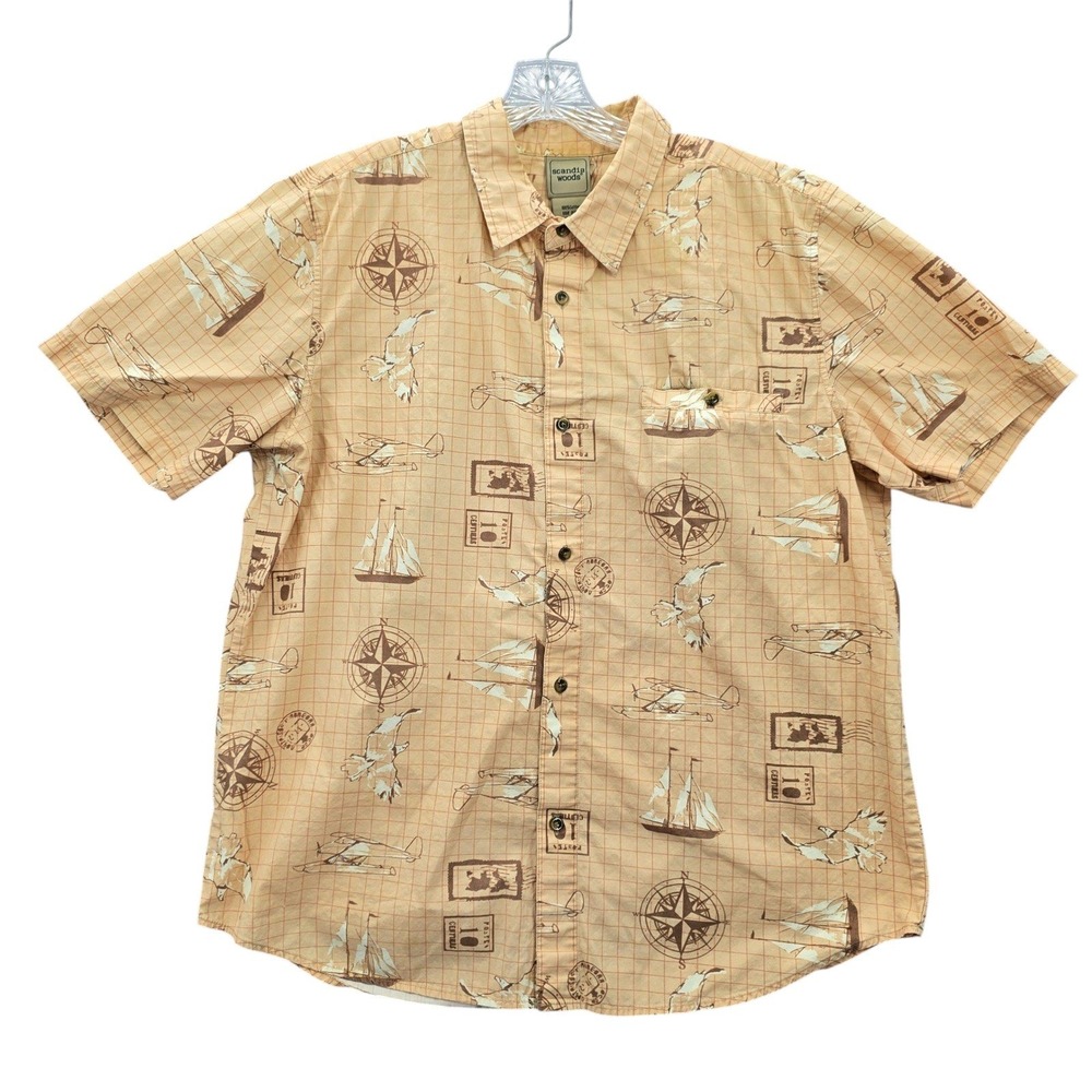Scandia Woods Orange Compass Travel Tropical Island Vintage Hawaiian Shirt Large